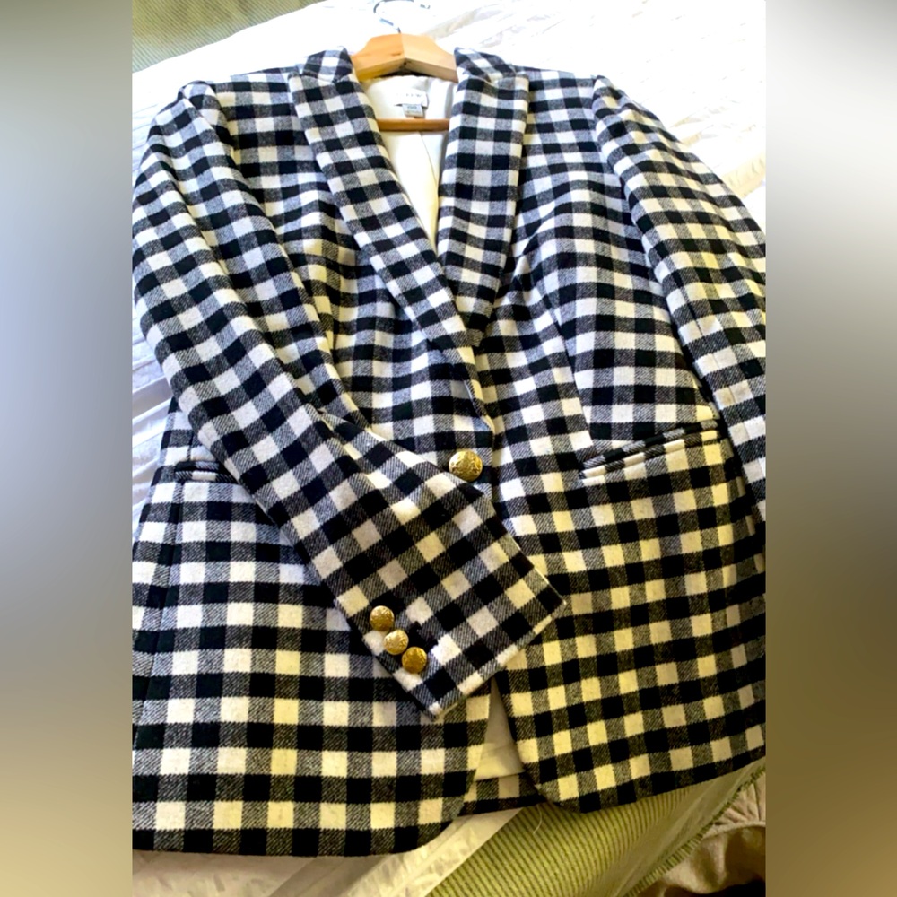 black and white, Buffalo check plaid, wool, one button J. Crew blazer.